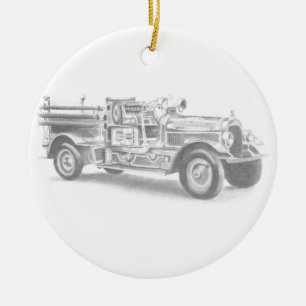 Décoration En Céramique croquis au crayon de camion de pompiers vintage de