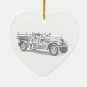 Décoration En Céramique croquis au crayon de camion de pompiers vintage de