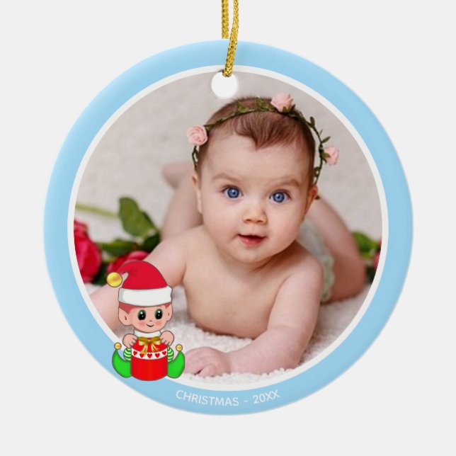 Décoration En Céramique Custom Baby Photo & Cute Elf on Light Blue (Devant)