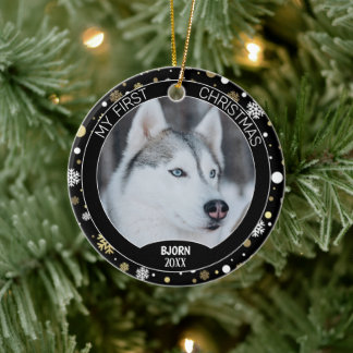 Décoration En Céramique Custom Cute Puppy Photo On White Gold Snowflakes