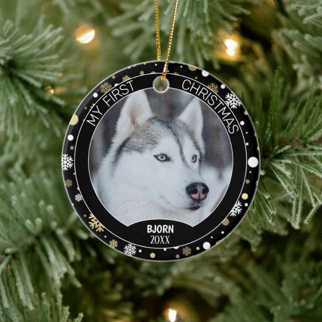 Décoration En Céramique Custom Cute Puppy Photo On White Gold Snowflakes (Arbre)