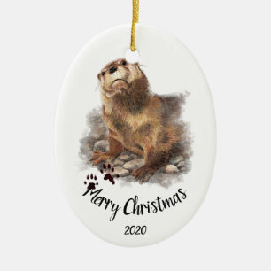 Décoration En Céramique Custom Dated Christmas Watercolor Otter Animal