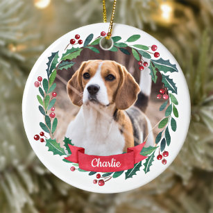 Décoration En Céramique Custom Pet Dog Photo Watercolor Wreath Christmas