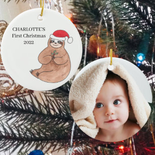 Décoration En Céramique Custom Photo Baby Girl's First Christmas Sloth