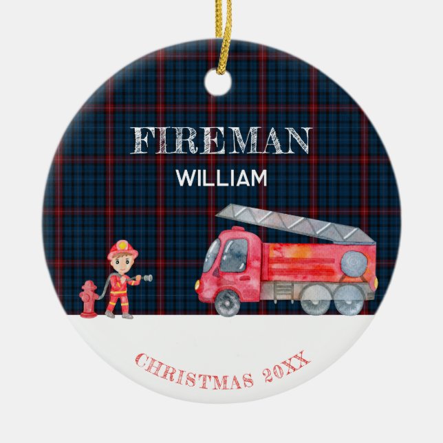 Décoration En Céramique Custom Photo Keepsake Fireman Christmas Firetruck (Devant)