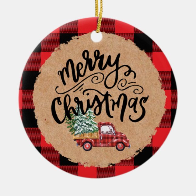 Décoration En Céramique Cute Buffalo Plaid Truck Christmas Ornament (Devant)