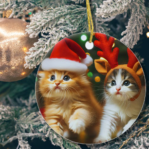 Décoration En Céramique Cute chatons avec le Père Noël et les casquettes d