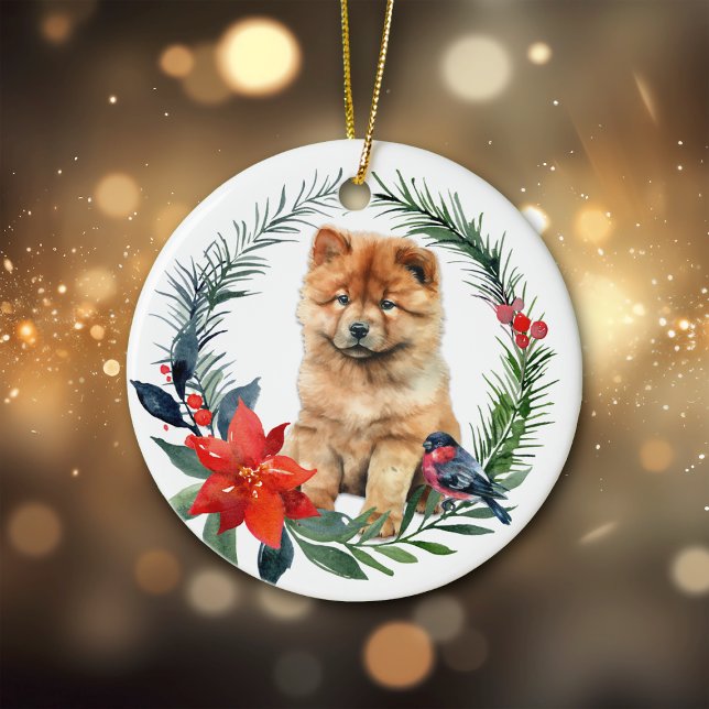 Décoration En Céramique Cute Chow Chow Chiot Aquarelle Poinsettia (Créateur téléchargé)