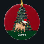 Décoration En Céramique Cute Christmas Pug in Santa Hat Personalized Red<br><div class="desc">This beautiful monogrammed Christmas ornament features a cute pug wearing a Santa Claus hat in front of a pretty Christmas tree decorated with colorful ornaments. Personalize with a pet owner name in lovely cursive under the wonderful drawing.</div>