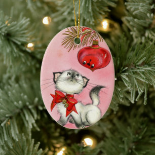 Décoration En Céramique Cute Christmas Retro Vintage Kitten Cat Tree Pink