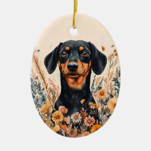 Décoration En Céramique Cute Dachshund avec peinture Fleur sauvage