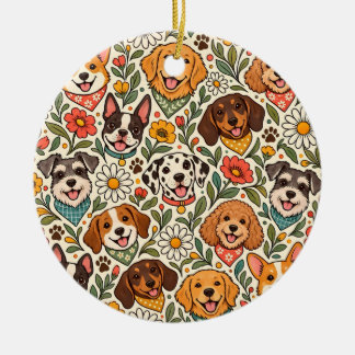 Décoration En Céramique Cute Dogs and Colorful Floral Pattern