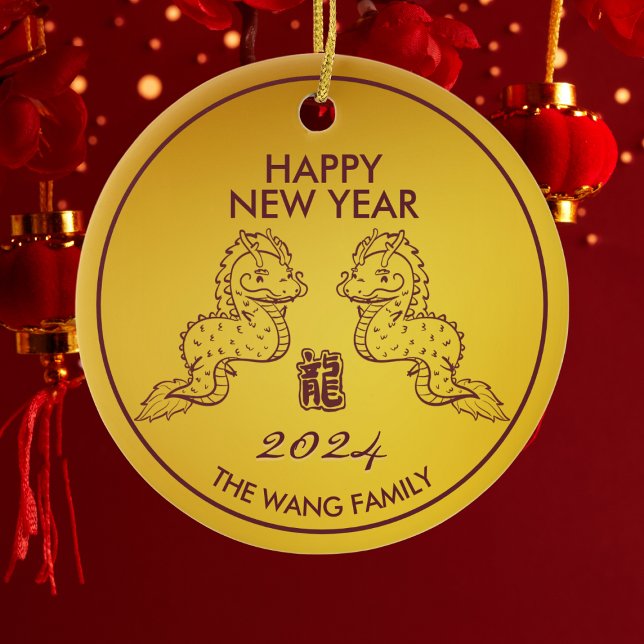 Décoration En Céramique Cute Dragon Chinois Nouvel An 2024 Or (Send wishes for a prosperous Year of 2024 with our Dragon Wishes Ornament!)