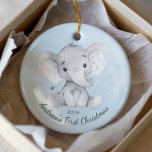 Décoration En Céramique Cute Elephant Boys First Christmas Ornament<br><div class="desc">Adorable grayscale elephant set on a light blue background for baby's 1st Christmas.</div>
