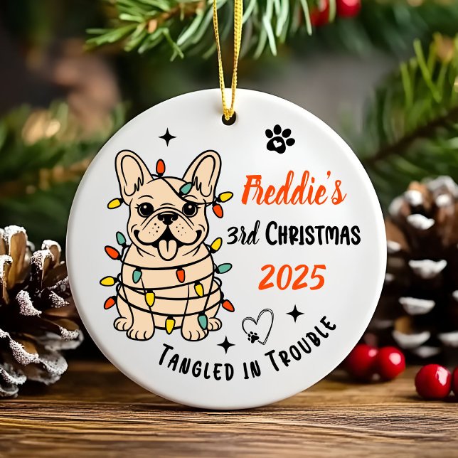 Décoration En Céramique Cute Hand Drawn French Bulldog's First Christmas (Hand drawn custom French Bulldog Ceramic Ornament)
