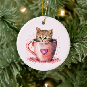 Décoration En Céramique Cute Kitten dans un Teacup avec les coeurs