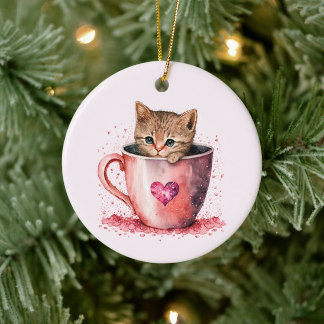 Décoration En Céramique Cute Kitten dans un Teacup avec les coeurs (Arbre)