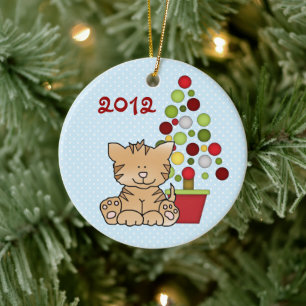 Décoration En Céramique Cute Orange Chat, Holiday Tree sur Blue