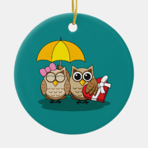 Décoration En Céramique Cute Owl Lovers w/ Umbrella & Red Chocolate Box