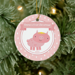 Décoration En Céramique Cute Pink Piglet - Baby's First Christmas
