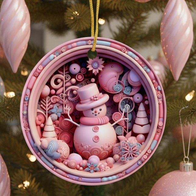 Décoration En Céramique Cute Pink Snowman Christmas (fun cute pink 3D effect snowman personalized Christmas ornament with custom family name and year)