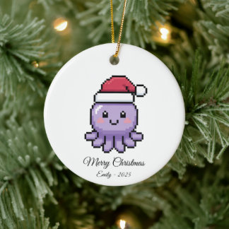 Décoration En Céramique Cute Pixel Art Octopus Santa Hat Christmas Gift