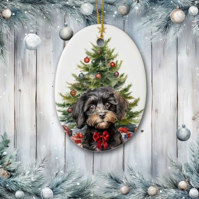Décoration En Céramique Cute Red Bow Black Tan Cavapoo Dog Christmas (Créateur téléchargé)