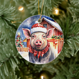 Décoration En Céramique Cute Rustic Christmas Pig and Barn Personnalisé