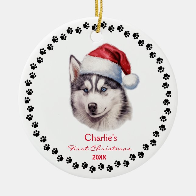 Décoration En Céramique Cute Sibérien Husky Chien Santa Hat Paw Custom (Devant)