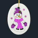 Décoration En Céramique Cute Snowman<br><div class="desc">Un mignon bonhomme de neige portant un foulard et des mitaines casquettes violets,  un gros grain et de petites joues de coeur.</div>