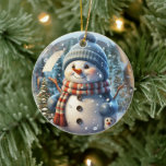 Décoration En Céramique Cute Snowman Portant une écharpe et un Casquette<br><div class="desc">Beau ornement de Noël avec un adorable bonhomme de neige. Il porte un casquette tricoté bleu et un foulard rayé rouge et bleu. Il a un petit ami Birdie à ses côtés. #générativecontent</div>