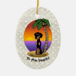 Décoration En Céramique Cute Tropical Island Beach Dachshund (noir & bronz