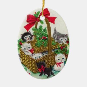 Décoration En Céramique Cute Vintage Chatons De Noël Dans Un Panier