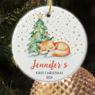 Décoration En Céramique Cute Watercolor Fox Custom Baby First Christmas