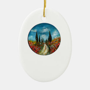 DÉCORATION EN CÉRAMIQUE CYPRÈS ET COQUELICOTS EN TOSCANE RONDE