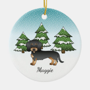 Décoration En Céramique Dachshund à poil dur noir et feu en forêt hivernal