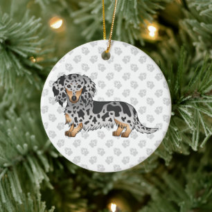 Décoration En Céramique Dachshund à poil long noir et tan panaché & Texte