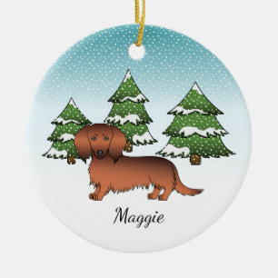 Décoration En Céramique Dachshund à poil long rouge sablé - Forêt d'hiver