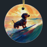 Décoration En Céramique Dachshund Beach Surf Peinture<br><div class="desc">Plongez dans le monde ludique de l'aventure canine avec cette peinture captivante. Un chien en ébullition se rend aux vagues, chevauchant habilement le surf sur une plage baisée par le soleil. L'oeuvre d'art vibrante capte magnifiquement l'essence de l'excitation au bord de la plage tandis que le chien court sans crainte...</div>
