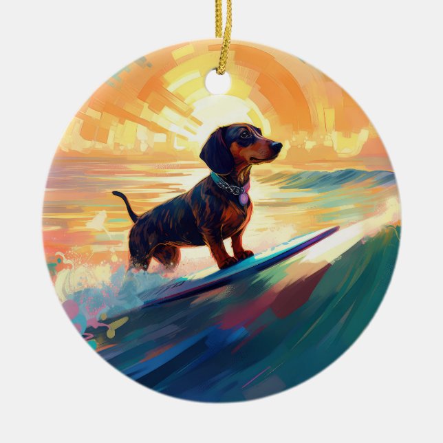 Décoration En Céramique Dachshund Beach Surf Peinture (Devant)