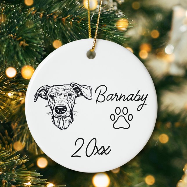 Décoration En Céramique Dachshund Chien Nom Personnalisé & Année Ligne Art (Dachshund Dog Custom Name and Year Ornament with Paw Print. Black and White Line Art Modern)