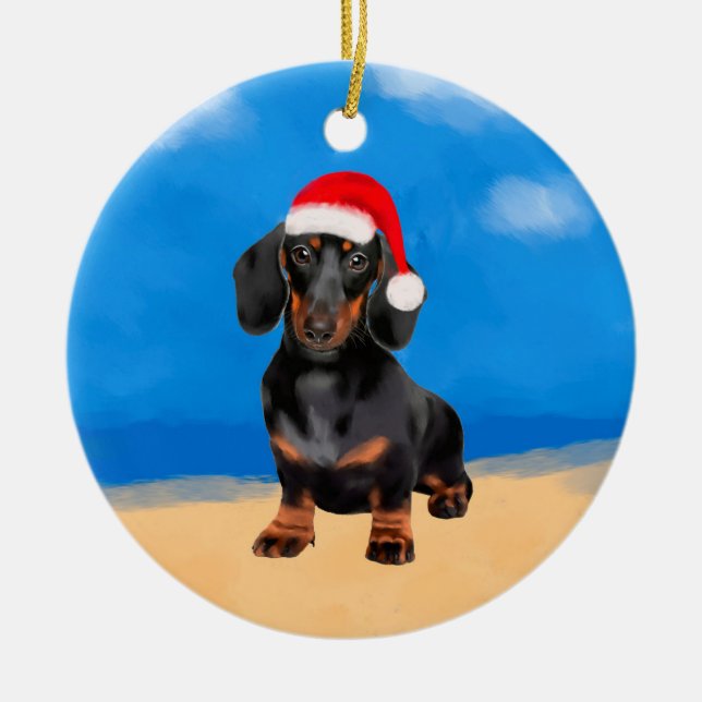 Décoration En Céramique Dachshund Chien Sur La Plage Casquette De Noël (Devant)