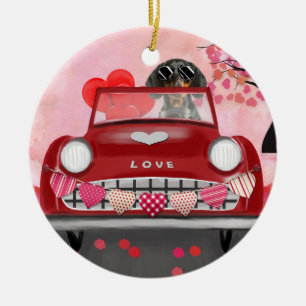 Décoration En Céramique Dachshund Conduisant une Voiture avec des Cœurs po