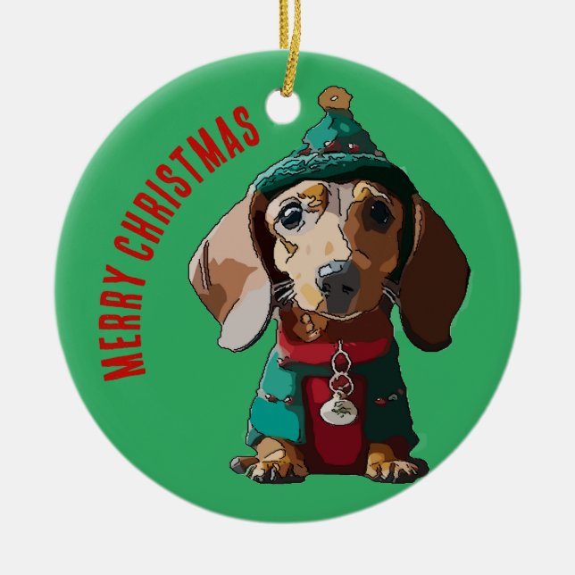 Décoration En Céramique Dachshund de Noël vert (Devant)