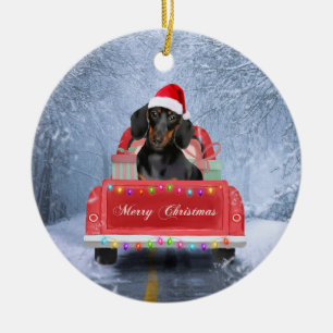Décoration En Céramique Dachshund Dog in Snow sitting in Christmas Truck