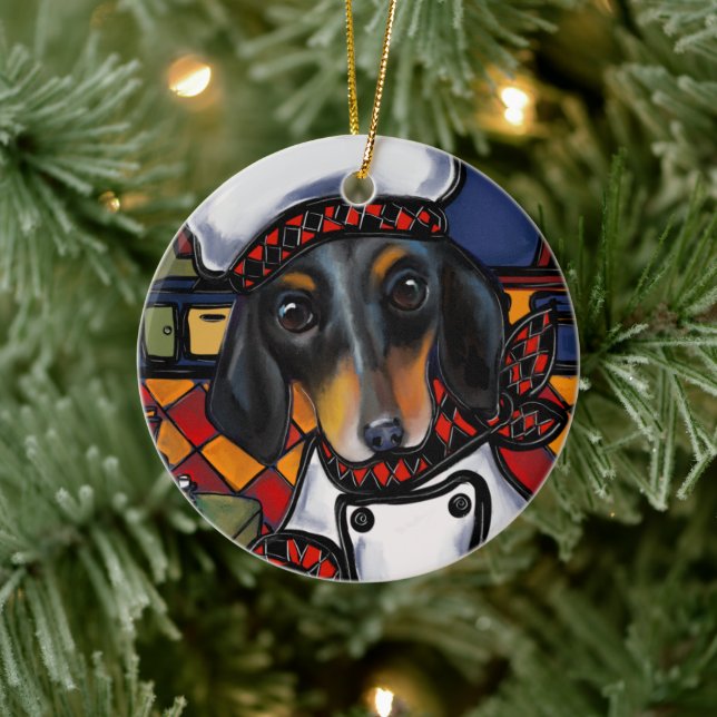 Décoration En Céramique Dachshund noir et feu (Arbre)