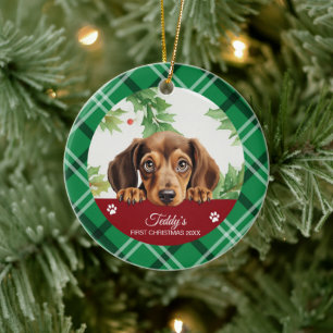 Décoration En Céramique Dachshund Personnalisé Premier Noël