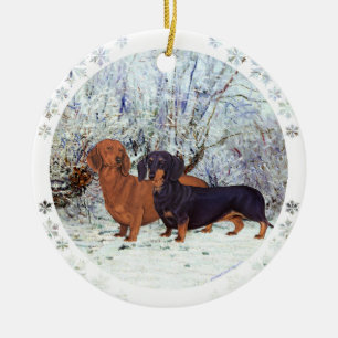 Décoration En Céramique Dachshunds dans la Neige