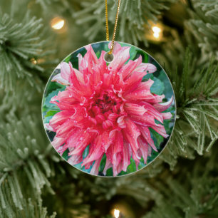 Décoration En Céramique Dahlia rose, Pétales froissés avec gouttelettes d'