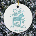 Décoration En Céramique Dala suédois Cheval Dieu Jul Turquoise Blanc<br><div class="desc">Festive peinture turquoise verte et blanche d'un Cheval de Dala suédois. Changez ou supprimez le salut de Dieu juil pour customiser. Art original de Nic Squirrell.</div>
